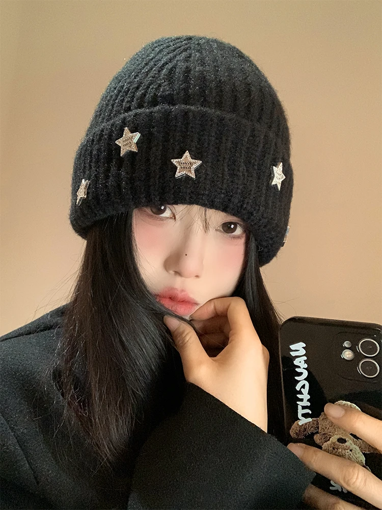 Winter Knitted Woolen Hat Women's Small Face Warmth Retention Large Circumference Non-Fur Warm Cap Stylish Korean Style