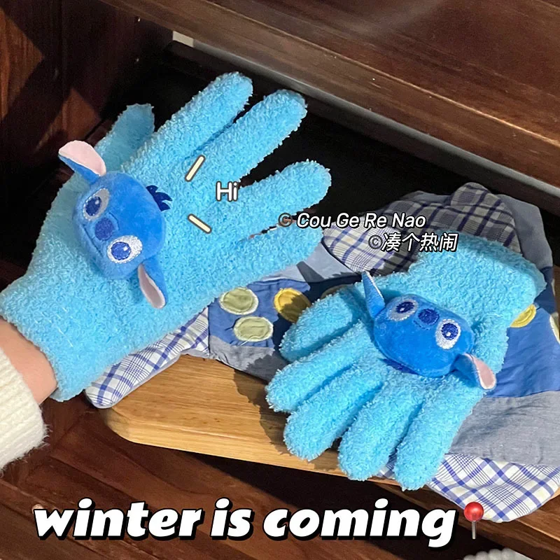 Disney Lilo Stitch Gloves Kids new Anime Kawaii Winter Warm Thickened Mittens Student Cycling Outdoors Knit Accessories Toy Gift