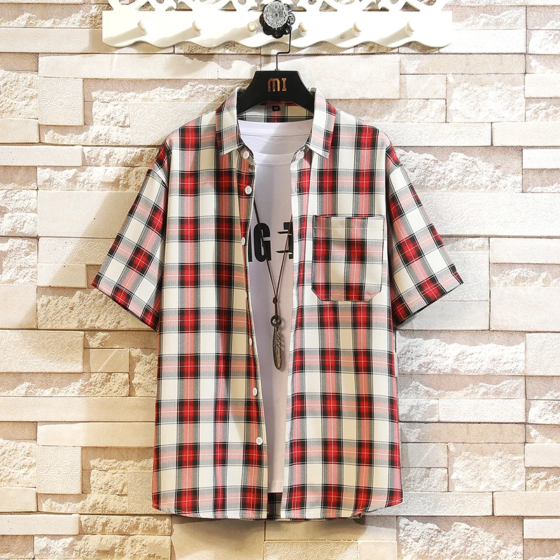 High Quality Plaid Loose Shirt Men New Fashion Summer Casual Button Down Short Sleeve Shirts Mens Business Office Blouse