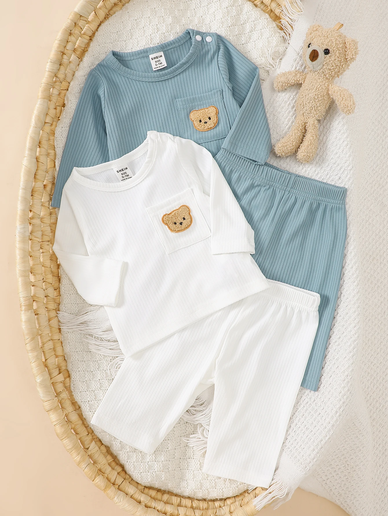 

Newborn Boy Cute Cartoon Teddy Bear Embroidered Long Sleeve T-Shirt & Pants Soft Elastic Knit Blue and White Striped Autumn Sty