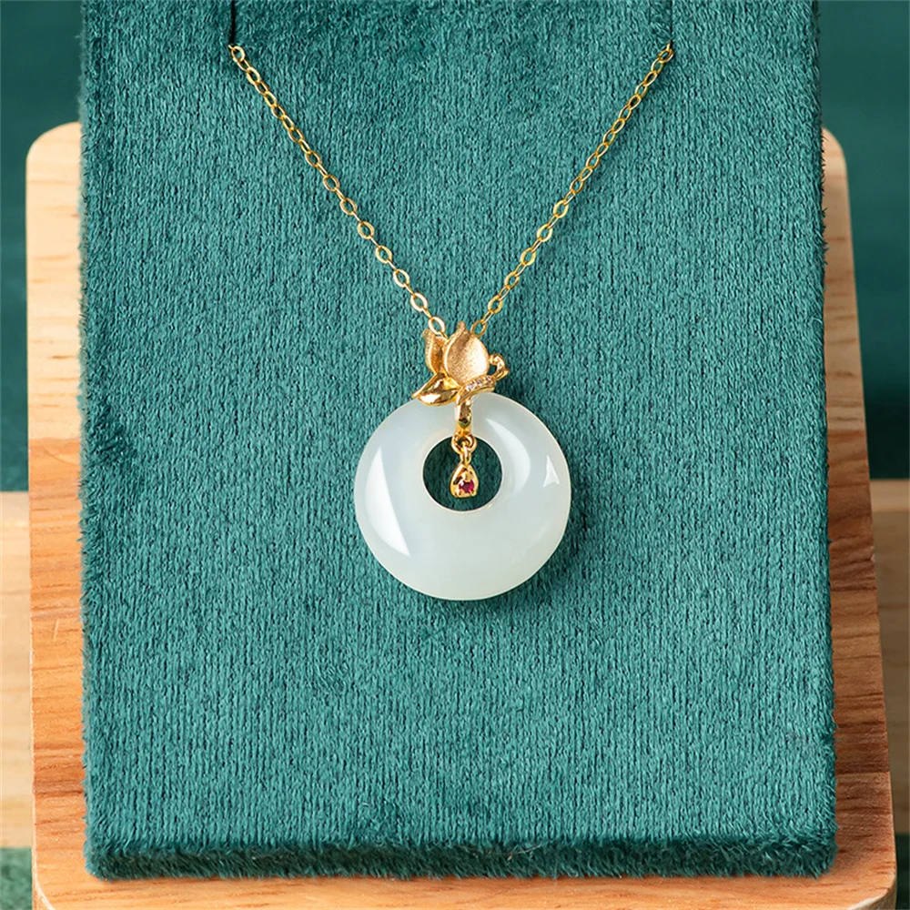 18K Gold Natural White HeTian Jade Round Harmony Lucky Pendant Amulet Chain Necklace Certificate Party Luxury Jade Jewelry