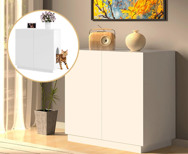Amazon terlaris modern sederhana kotak kotoran kucing tersembunyi furnitur rumah kucing meja samping toilet kucing kabinet samping terintegrasi