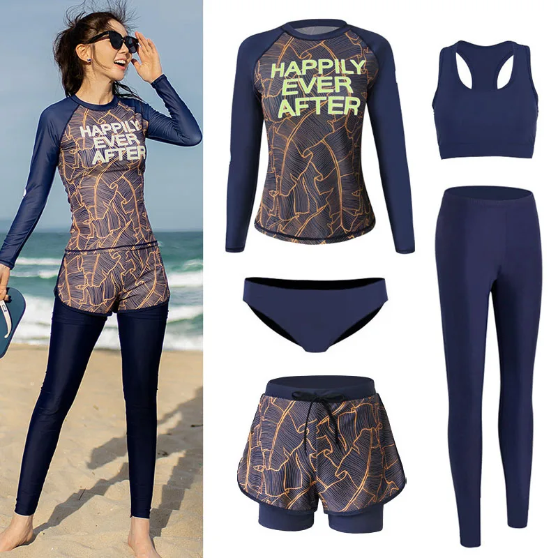 

Women's 5pcs/set Rash Guards UV Sun Protection Long Sleeve Zip Swim Shirts with Leggings Boyshorts Bikini Swimsuit Tops/Bottoms