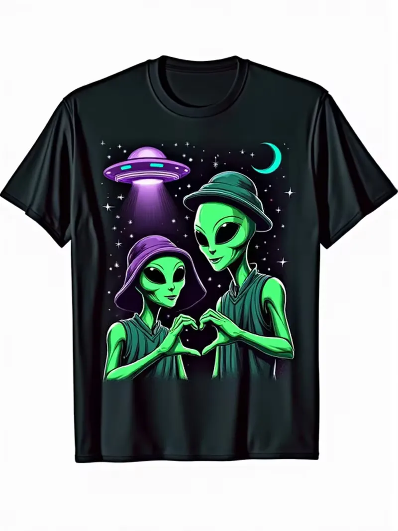 

Men'S Funny Sasquatch & Alien Love Hand Sign Graphic T-Shirt - 100% Cotton Black