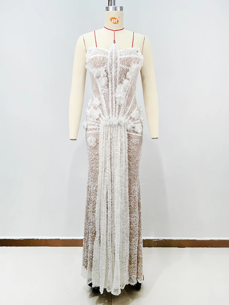 Luxury White Lace Evening Dresses for Women 2025 Sexy Flowers Corset Bustier Gown Floral Sheer Wedding Dress with Long Sleeve