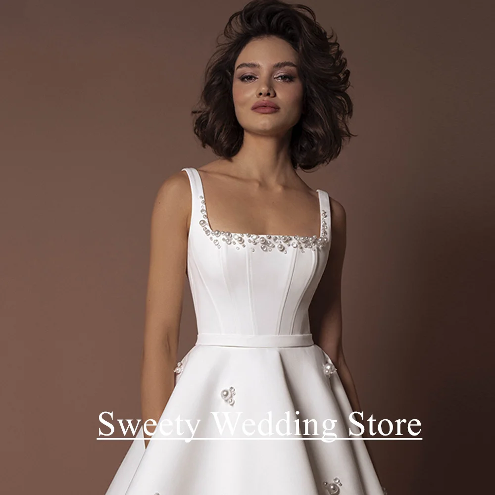 Civil Wedding Dress Customized Sexu Square Neck Sleeveless Beading Pearls Above Knee Little White Gown Short Bridal Dresses