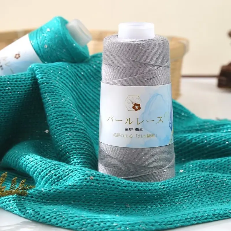 

50g Silver Bead Lace Yarn, Woven Pure Cotton Yarn in Spring Autumn,Bright Silk Knitting Yarn DIY Sweater Coat Hat Crochet Thread