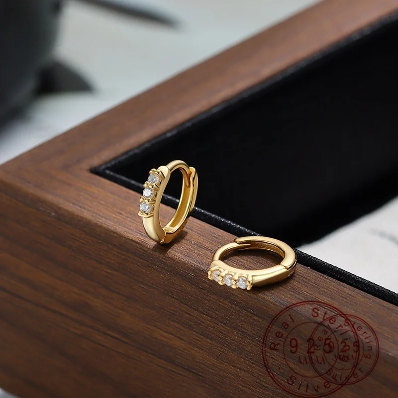 925 Sterling Silver Huggie Hoop Earrings 3 Stones Cubic Zirconia Small Circle Ear Buckle for Women Trend Fine Jewelry Gift