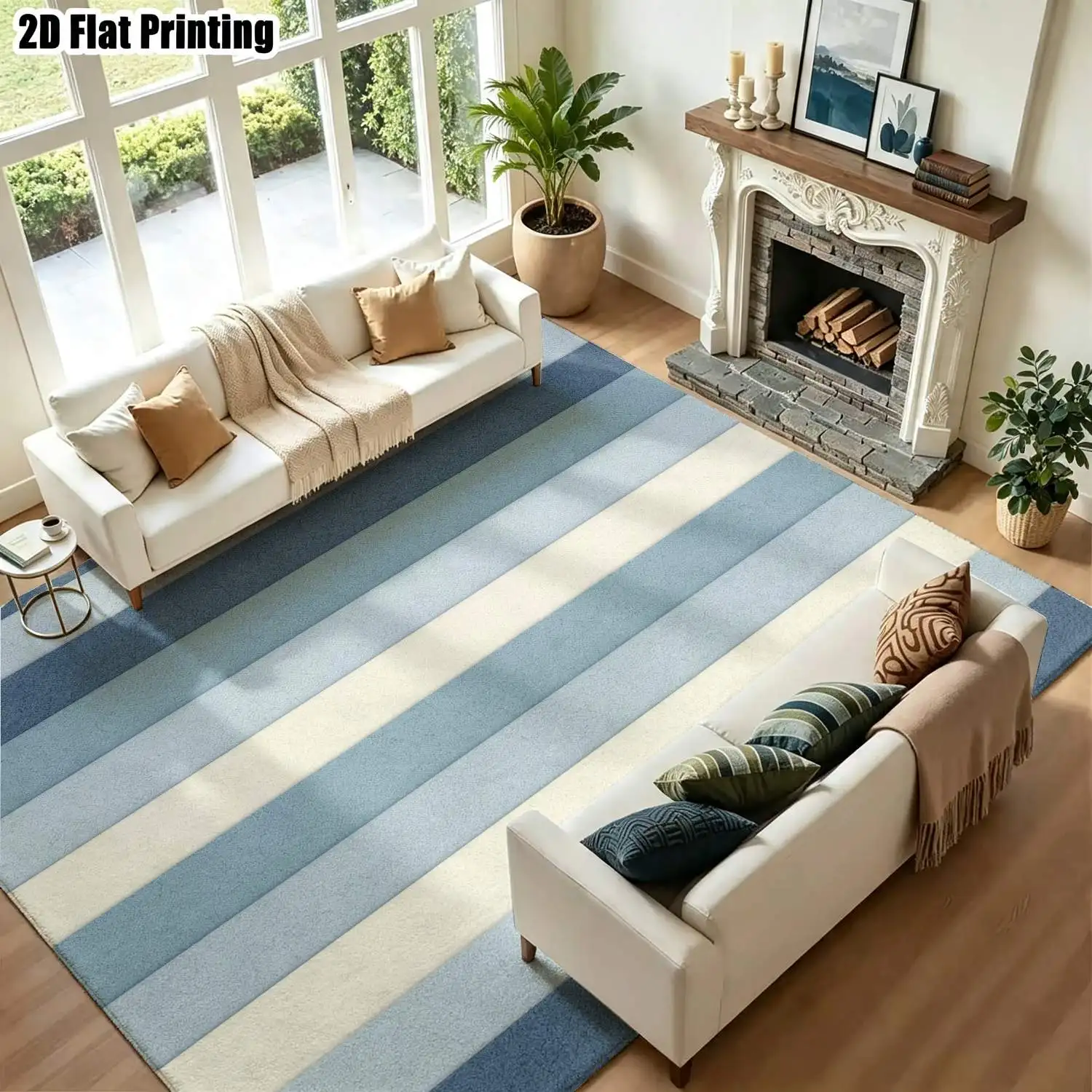 1Pc 2D Printed Nordic/Instagram-Style Geometric Striped Carpet, Blue & White, Home Decor, Multi-Size, Machine Washable, for Entrance, Dining, Foyer, Living Room, Bedroom