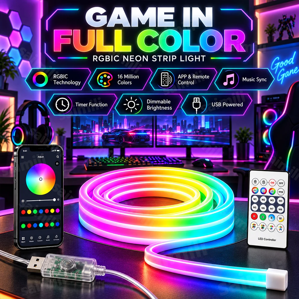Smart USB RGBIC Neon Strip Light Waterproof APP Remote Music Sync Flexible Cuttable LED Neon Rope For Gaming Bedroom Decor