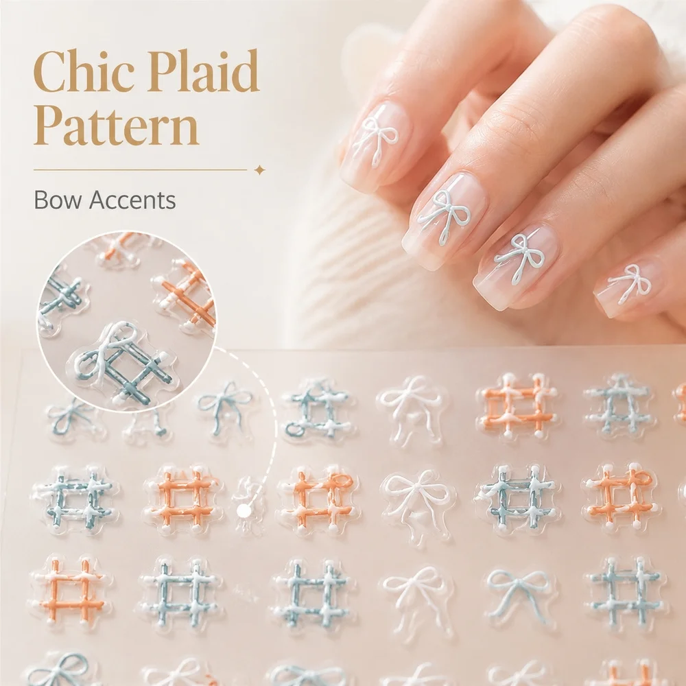 1Sheet Soft Macaron Plaid Nail Stickers Embossed Colorful Check Bow Design Self Adhesive Stereo Decals Spring Fresh Nail Decor