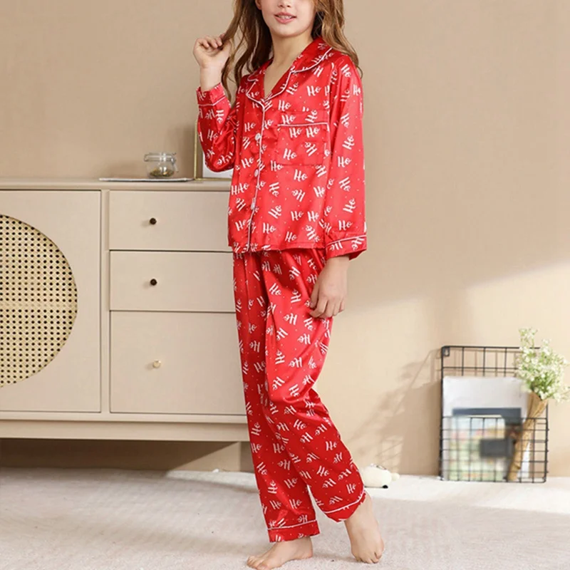 Christmas Pijamas Outfit Silk Casual Parent-child Wear Family Matching Satin Pajamas Set Dad Mom and Me Home Clothes Suit