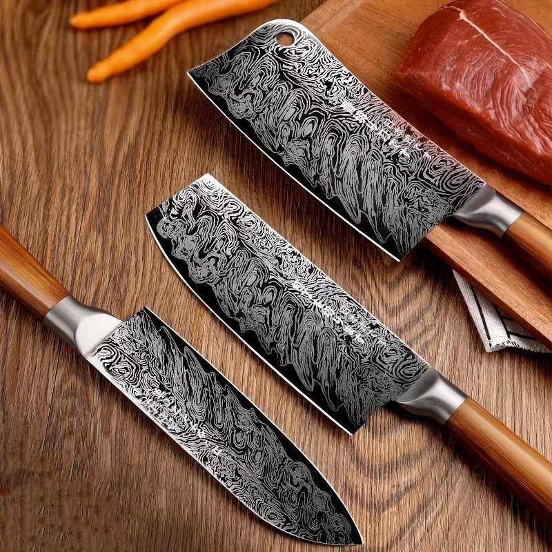 PLYS-Damascus PatternKitchen Knife Set - Special Vegetable, Meat, And Bone Knives For Chefs