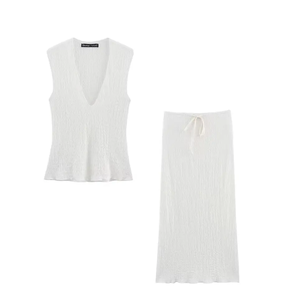 

KONDALA Chic 2025 Spring White Woman Suit Sleeveless V-Neck Vest+Sheath Lace-up Long Skirt Fashion Elegant Female Solid Sets