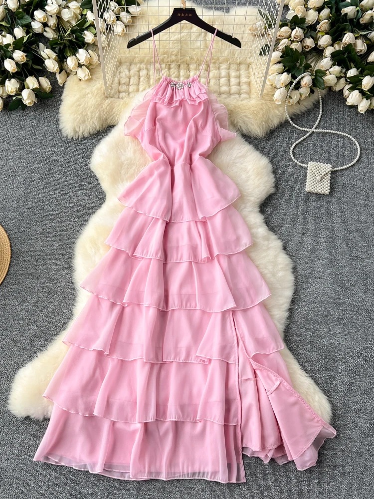 

Beach Suspender Pink Dress for Women Sexy Diamond Slim Sleeveless Backless Ruffled Edge Cake Chiffon Long Dress