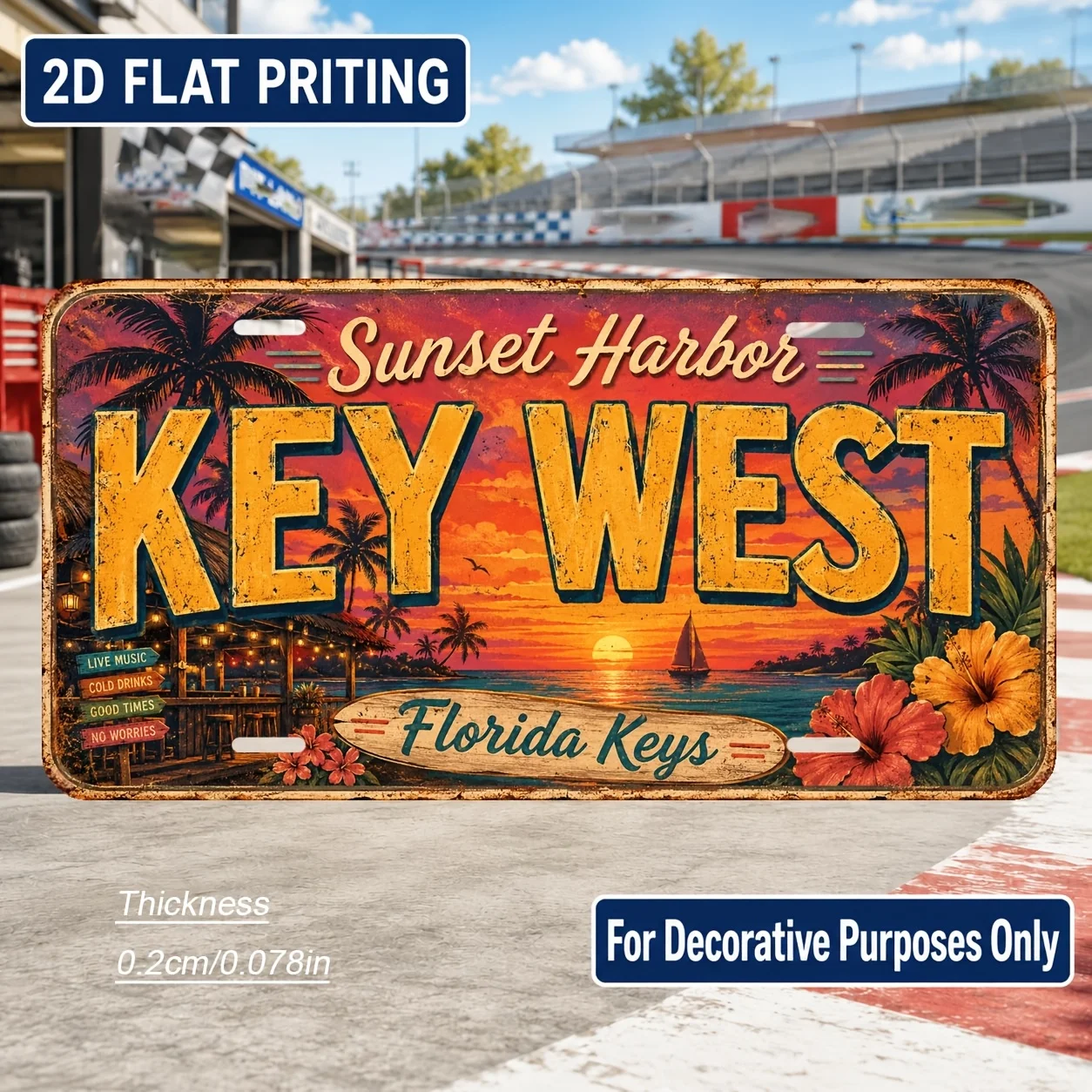 2D Flat, [2D Flat] 1pc Key West Themed Vintage License Plate Wall Decor - Suitable for Decorative Use Only, Retro Florida Sign f