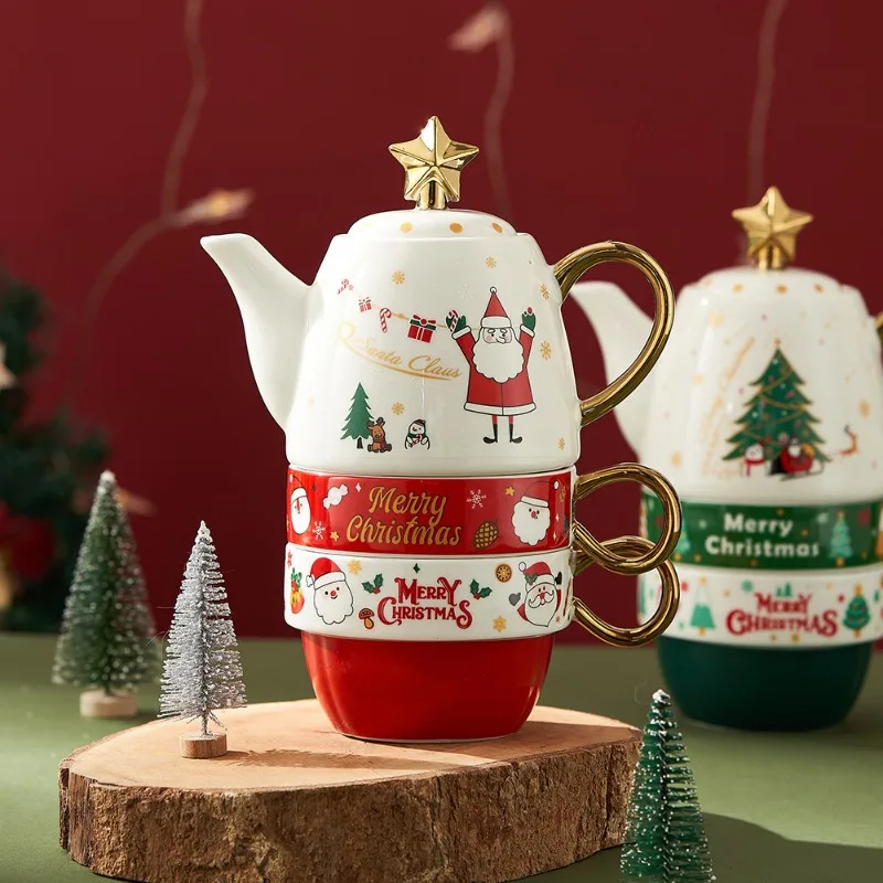 Christmas Ceramic Teapot Mug Teaware Set with Gift Box Santa Claus/Elk Cartoon Tea Cup Coffee Cup Party Decor Christmas Gift