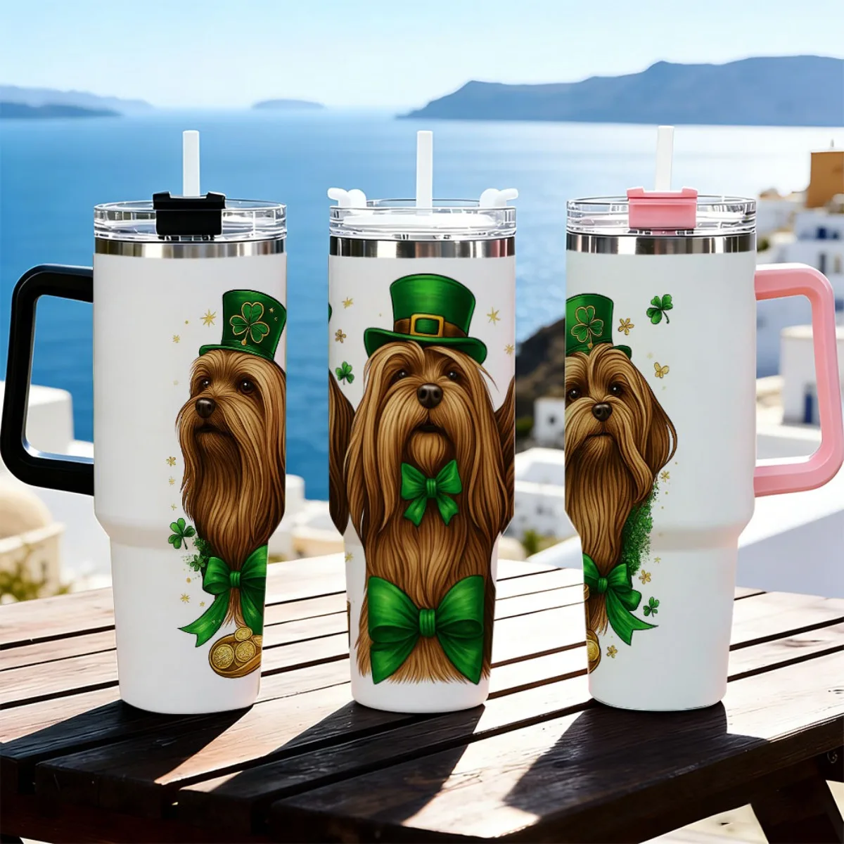 40oz St Patrick's Day Long Haired Dog Leprechaun Hat Clover Print Stainless Steel Tumbler With Handle Straw Lid 24 Hours Cold Insulated Travel Water Cup