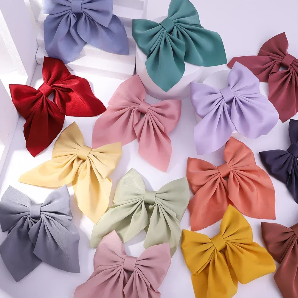 New Sweet Bows Hairpins Solid Color Bowknot Hair Clips For Girls Satin Butterfly Barrettes Duckbill Clip Kids Hair Accessories