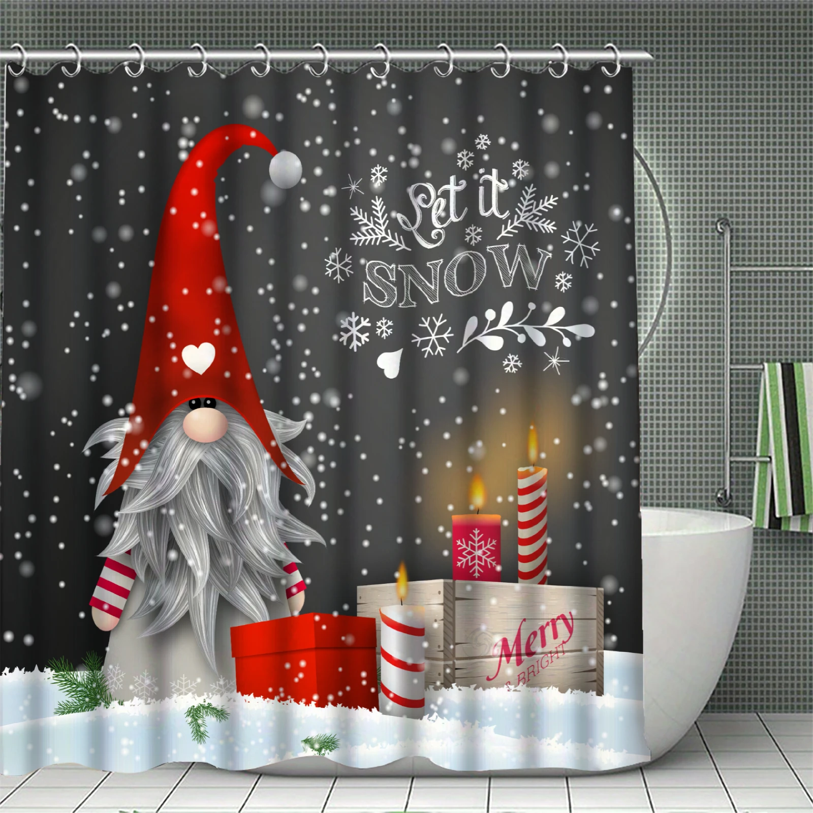 Red Christmas Shower Curtain Tree Christmas Highland Cattle Bauble Print Curtain Waterproof Durable for Bathroom Home Decor Gift