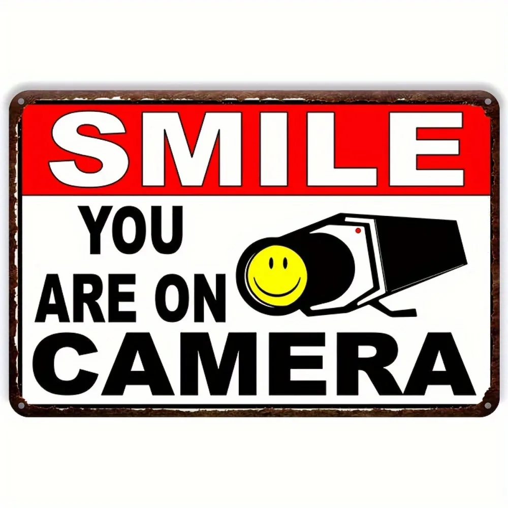 1pc, Tin Sign, Smile You on Camera Sign, Video Surveillance Sign Outdoor Aluminum Warning Sign Security Camera