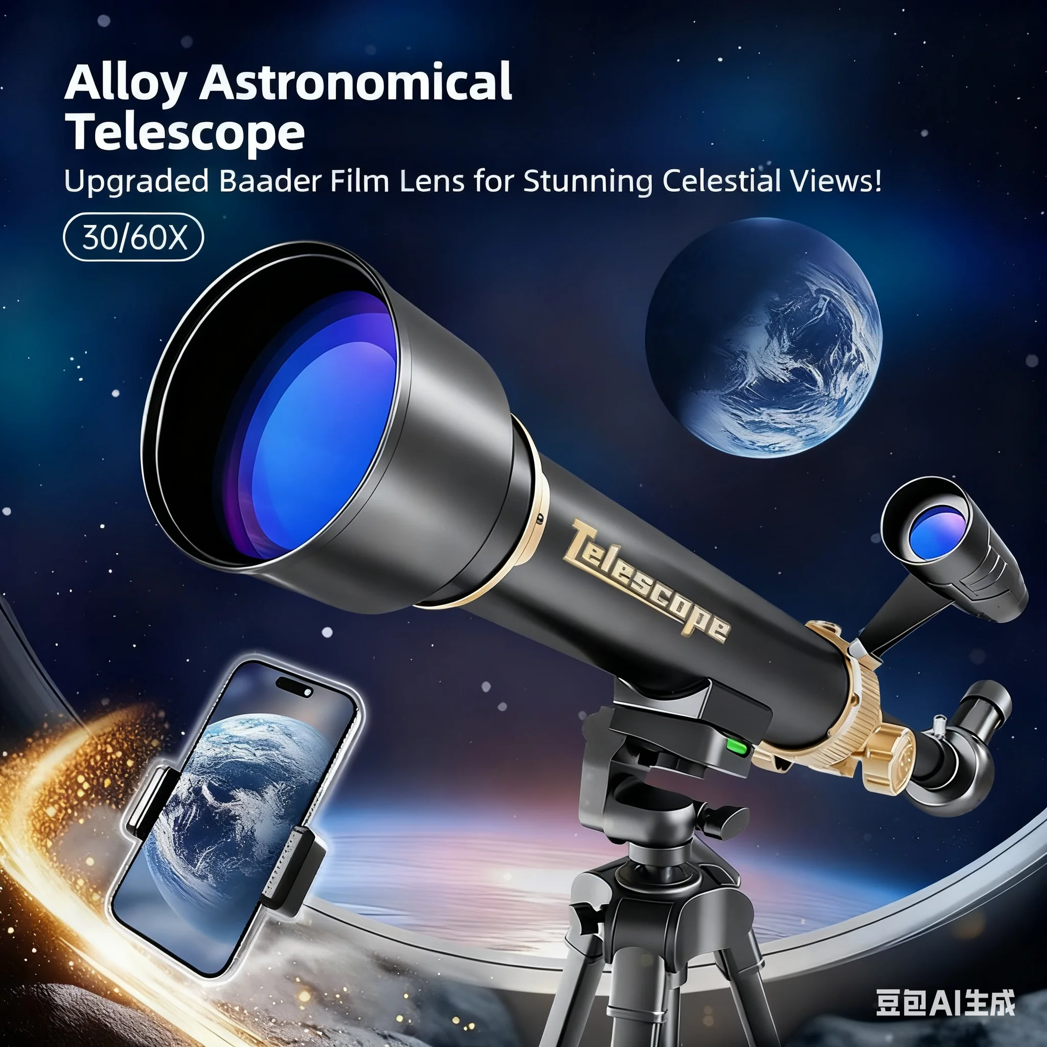 Astronomical Telescope, Alloy Tube HD Optical Lens with 130CM Adjustable Tripod , Astronomy Landscape Dual‑use STEM Science Toy