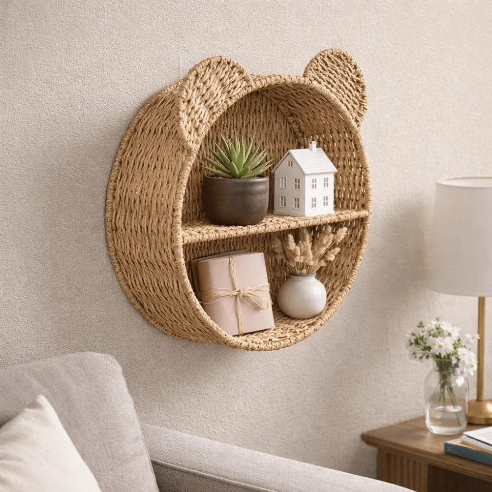 2 Tier Bear Ear Wall Mounting Shelf Handmade Cute Plant Display Storage Rack Decorative Imitation Rattan Storage Rack Bathroom