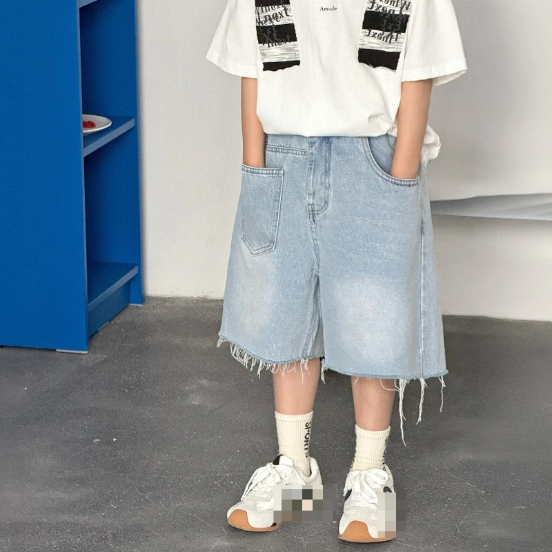 

2026 Summer Children's New Thin Asymmetric Personalized Pocket Decoration Elastic Waist Cowboy Shorts