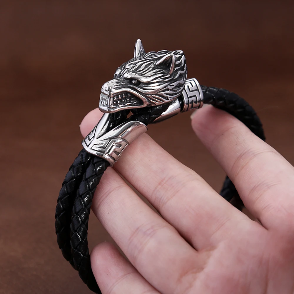 Fashion Vintage 316L Stainless Steel Vikings Wolf Head Bracelets For Men Hip Hop Biker Animal Leather Bangles Jewelry Wholesale