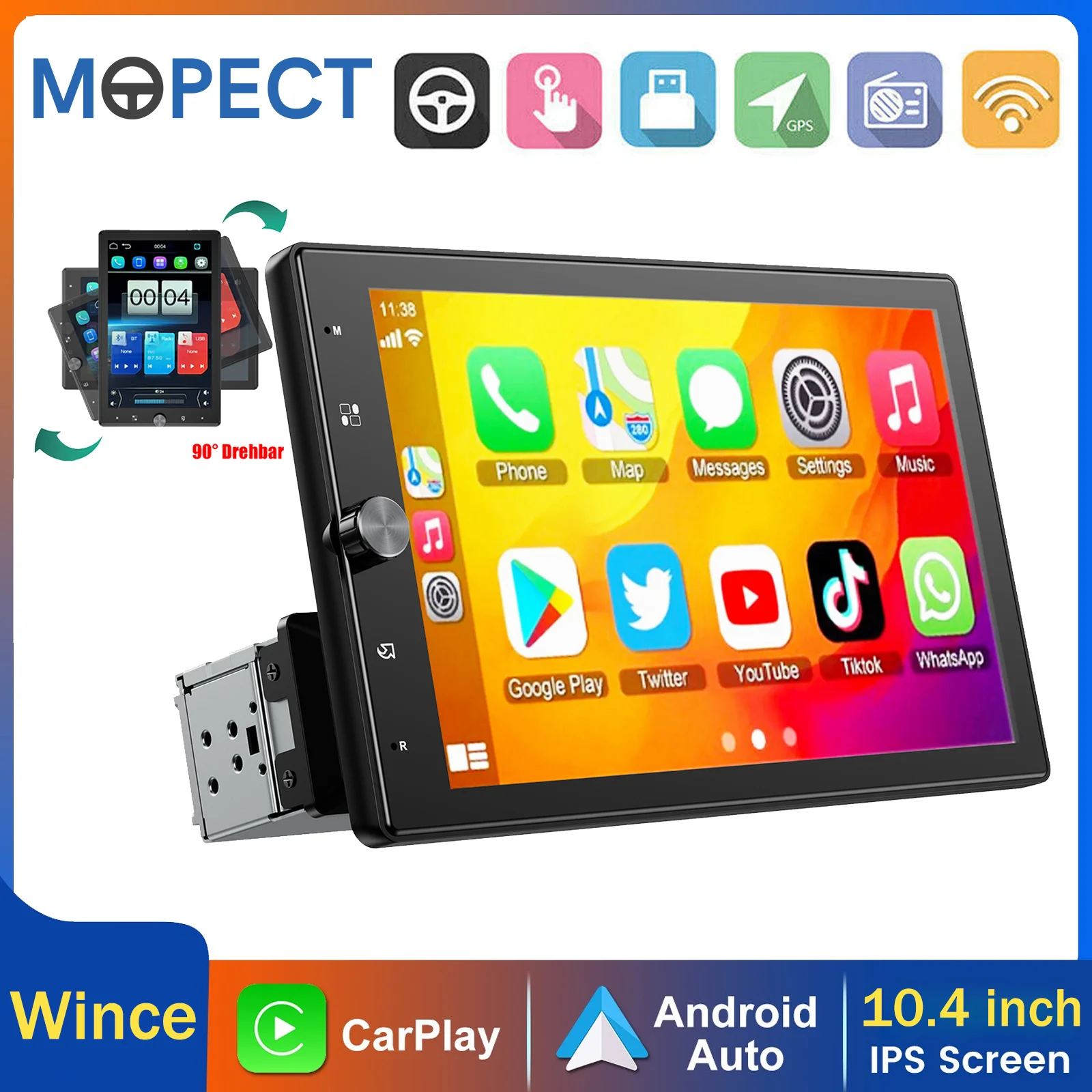 MOPECT 10,4 Zoll Single-DIN Autoradio mit kabellosem Apple CarPlay und Android Auto, drehbarem Multimedia-Touchscreen, FM, SWC, Bluetooth