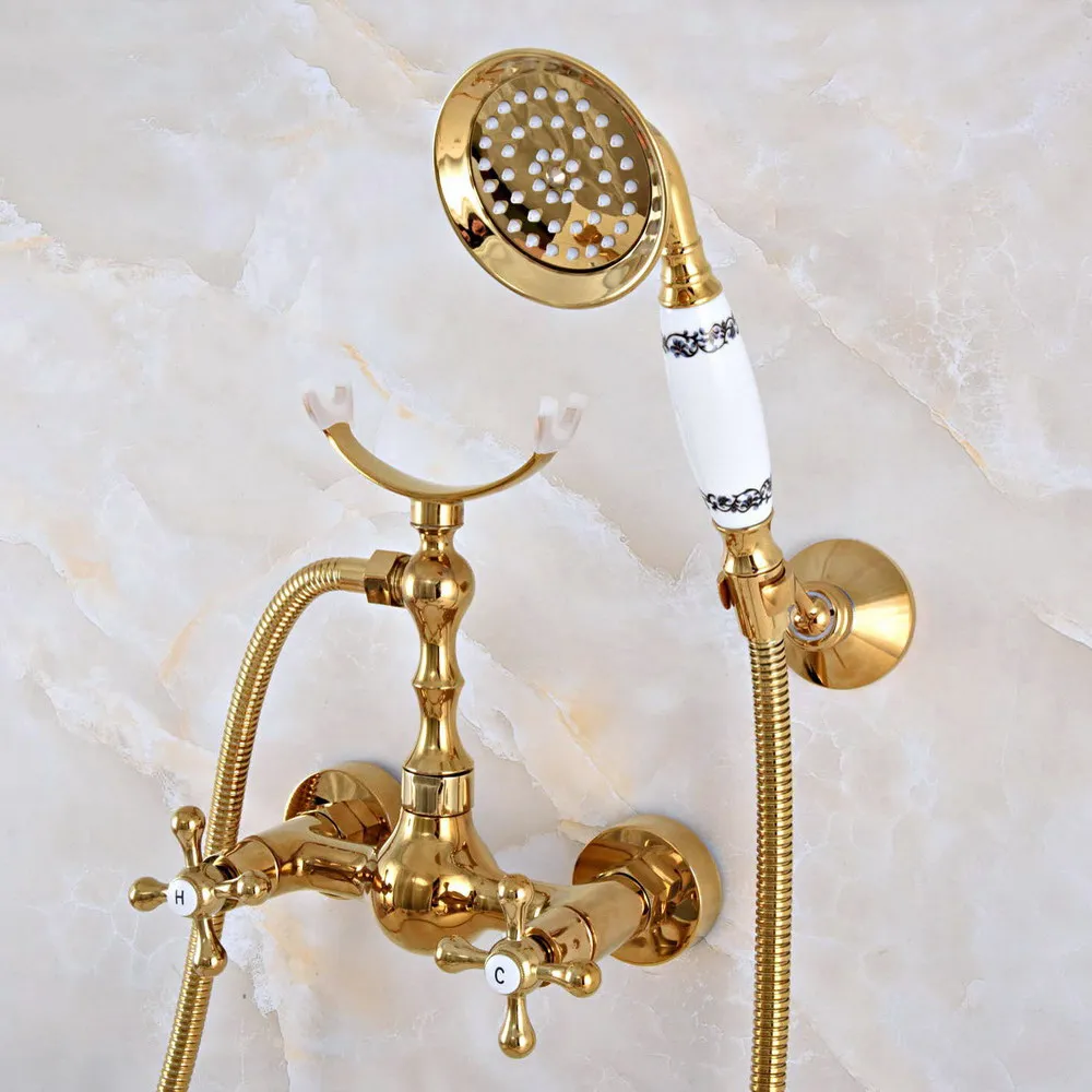 

Polished Luxury Golden Brass Wall Mounted Bathroom Shower Faucet Set with 1.5M Hose Handheld Spray Head Mixer Tap Dna935