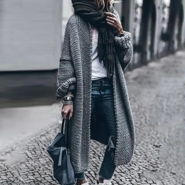 Big Size Women's 2026 Autumn and Winter New Cardigan Long Sweater Grey Warm Knitted Sweater Autumn and Winter Best Choice