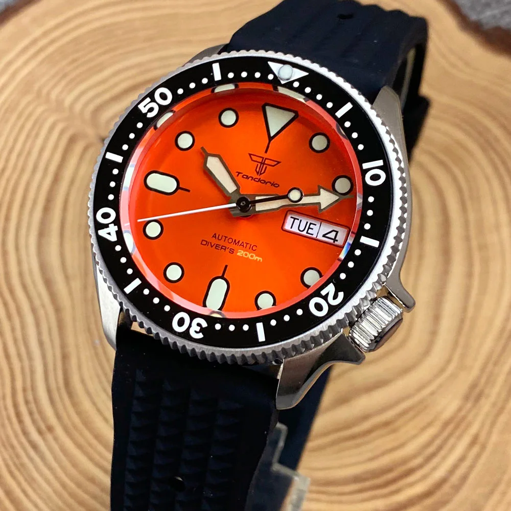 Dive 3.8 SKX Mod Steel Watches Men Sunburst Orange Weekday Sapphire Glass 20bar Water Resistence Mechanical Watch Sport Clock