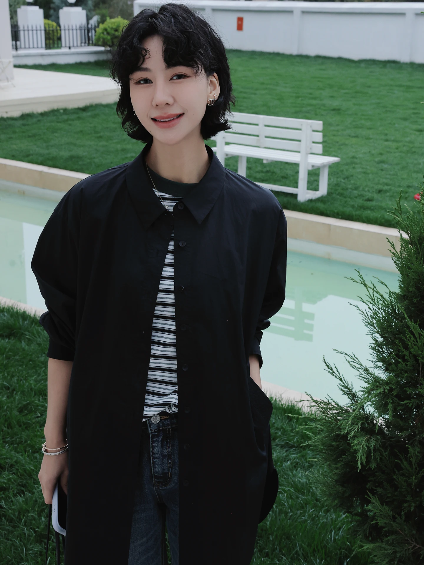 

TT Chic Black Midi Shirt Women Loose Slimming Turn-down Collar Top Cotton Long Sleeve Simple Style Spring Fashion