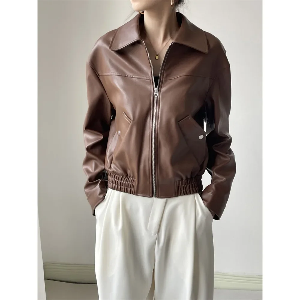 Faux Leather Jacket Women High Street Leather Coat Lady 2024 Autumn American Vintage PU Leather Jacket Small Motorcycle