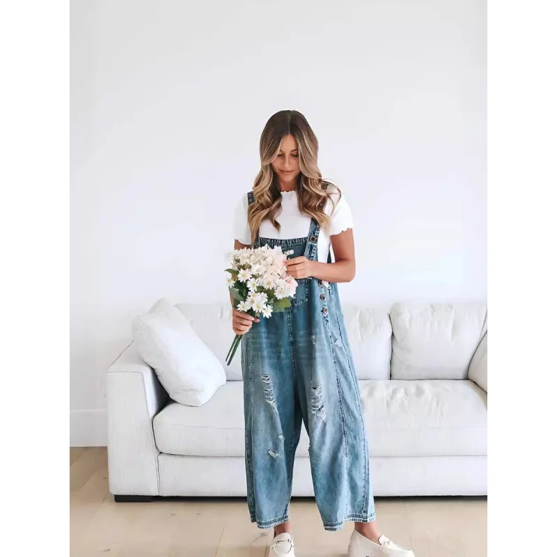 Nuove donne moda allentata tuta casual pantaloni con bretelle jeans tascabili in difficoltà da donna