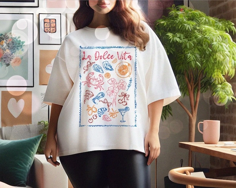 La Dolce Vita Retro italienisches Essen T-Shirt Design Retro Vibes Ästhetischer Sommer für Frauen Muster Baumwolle Tops Atmungsaktives Shirt