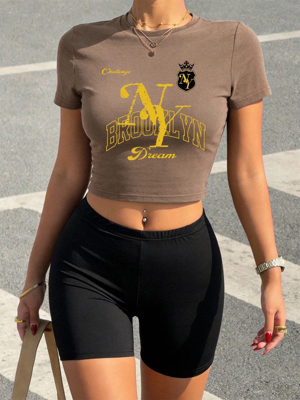 

Hot Sweet Brooklyn Dream Letter Ny Printed Crop Tops Shorts Womans Summer Two Pieces Set T-Shirts High Elastic Soft Slim Clothes