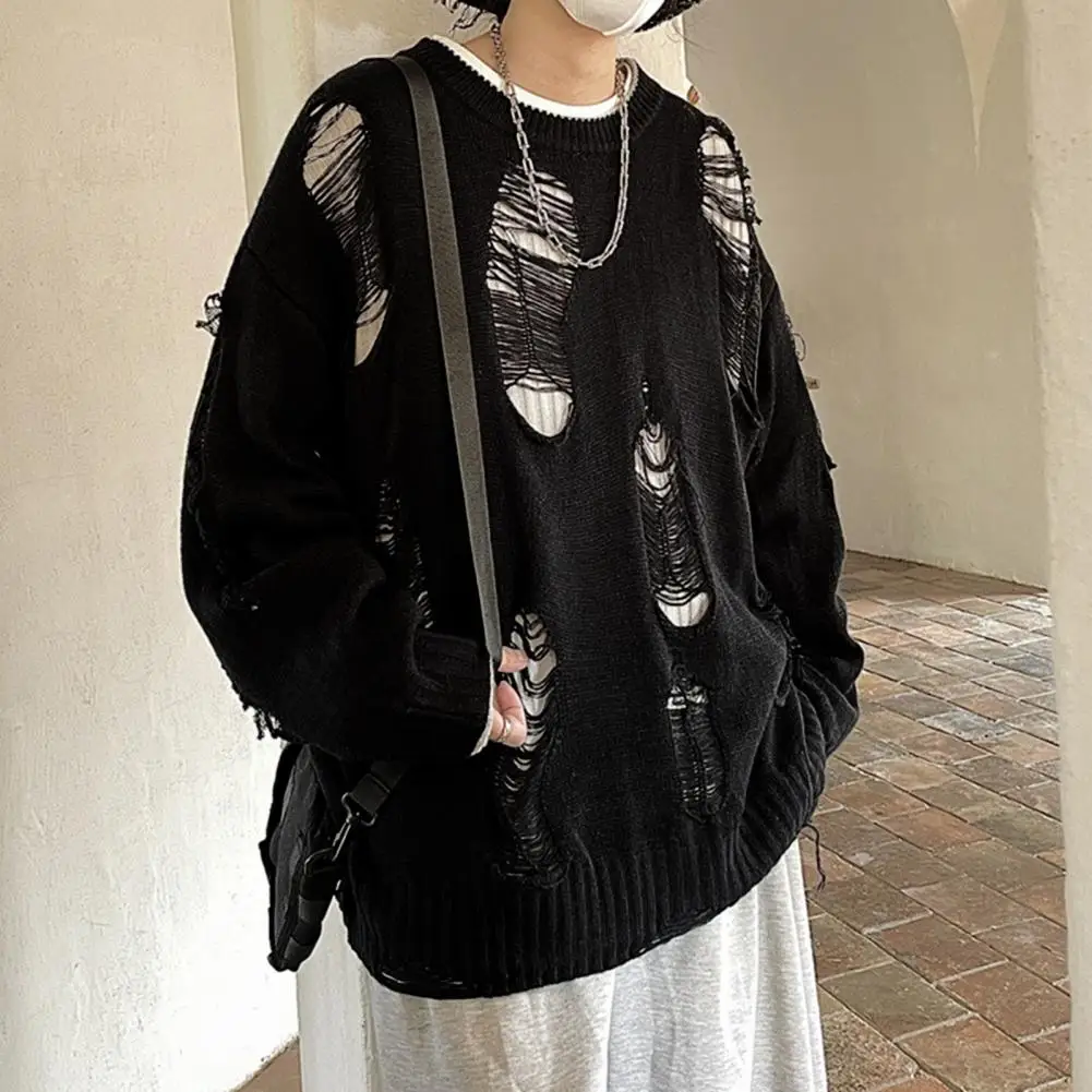 Solid Color Sweater Hop Inspired Ripped Sweater with Hollow Out Design for Men Stylish Two-piece Look with Soft Knitted for Fall