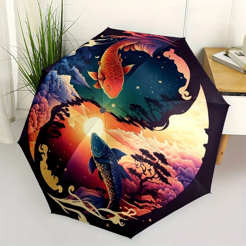 

Yin Yang Fish Sunset Landscape Wall Art Print Umbrella - Cute Umbrella with Cute Design, Portable 3-Fold Compact Umbrella for