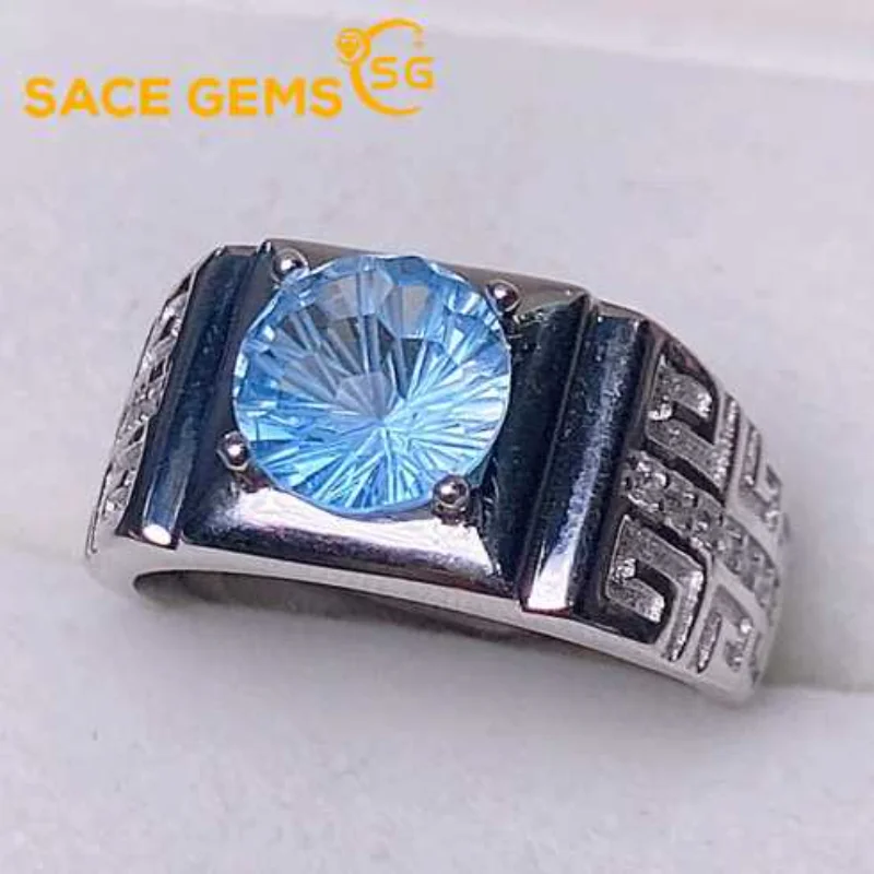 

SACE GEMS Fashion Classic Resizable 8*8MM Natual Blue Topaz Rings for Man 925 Sterling Silver Wedding Party Fine Jewelry Gift