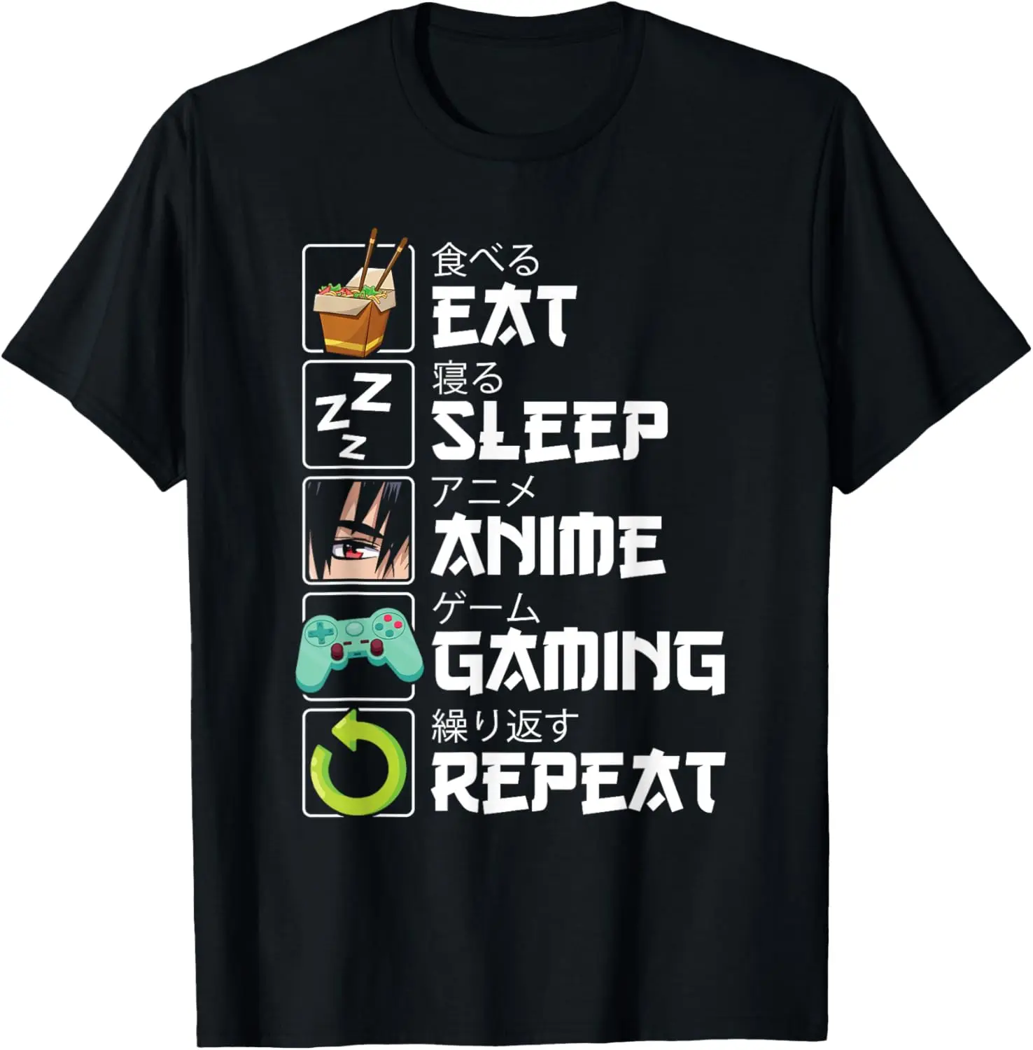 Eat Sleep Anime Gaming Repeat Kawaii Otaku Anime Manga Custom Printed Graphic T Shirts Customizable Graphic T Shirts Camisas