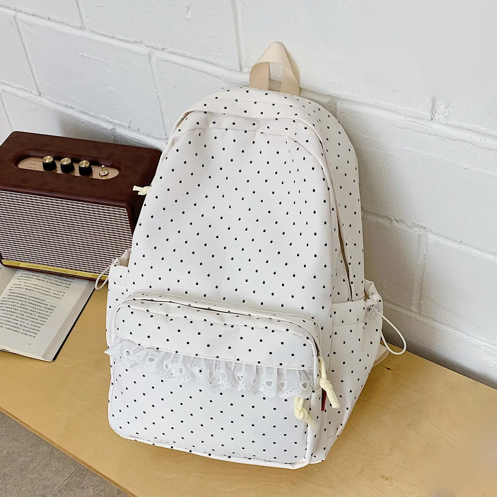 Cute Lace Backpack Dot Aesthetic Laptop Daypack For Women Girls Casual Daily Commute Travel Summer Camp College