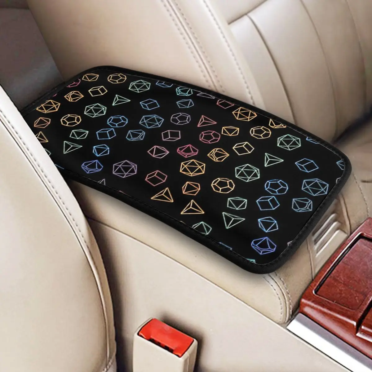 DnD Dice Rainbow On Black Pattern Car Accessories Car Handrail Box Cushion Custom Print Non-slip Car Armrest Cover