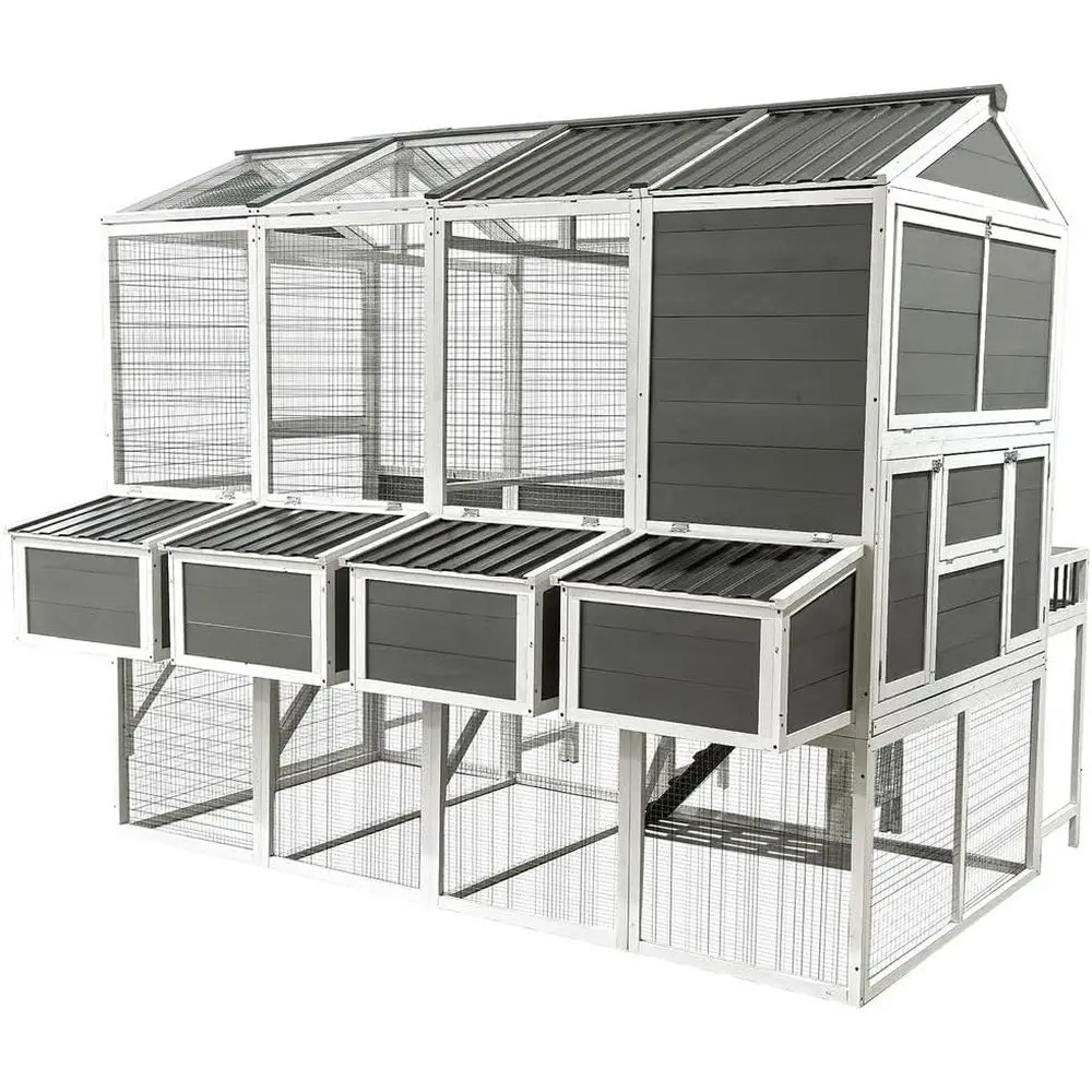 

Spacious Multi-Level Wooden Chicken Coop with Run for 10-20 Birds, Includes Nesting Boxes, Rainproof Roof, and Pull-Out Trays