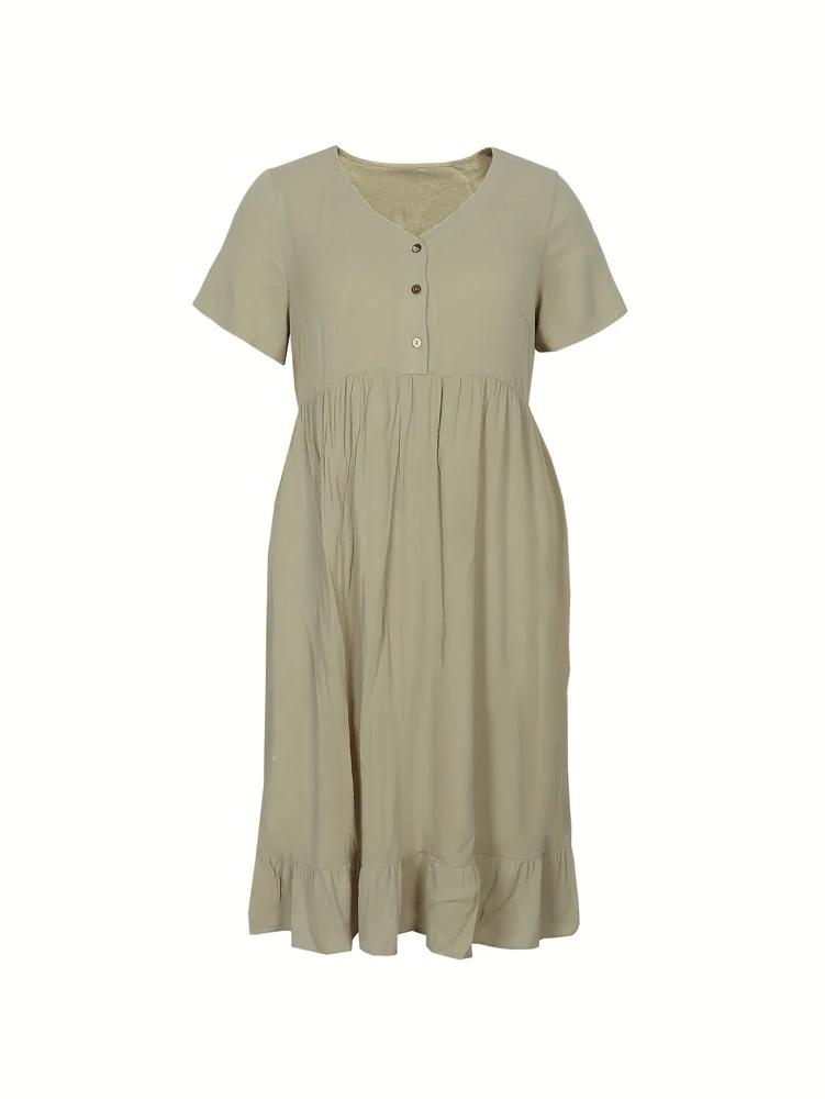 Plus rozmiar damska letnia klasyczna, zwykła sukienka na co dzień z guzikami elegancka sukienka plażowa do kolan, dekolt w kształcie litery V, z krótkim rękawem