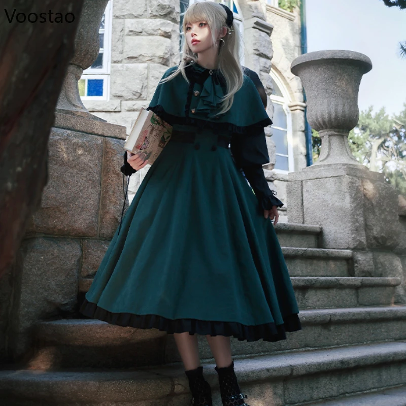 Vintage Lolita OP Dress Women Elegant Gothic Magic School Cloak Long Sleeve Party Dress 2 Piece Set Girls Sweet Halloween Dress