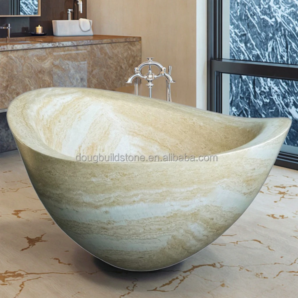 Luxury Stone Baths,Villas Indoor Bathroom Custom Hand Carved Beige Travertine   Standing Marble Bathtubs Luxury Modern Elegan