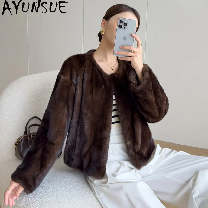 AYUNSUE Whole Mink Real Fur Coat Woman Luxury Winter Fur Jacket Long Sleeve Tops Warm Fur Coats Woman Clothes Roupas Feminina