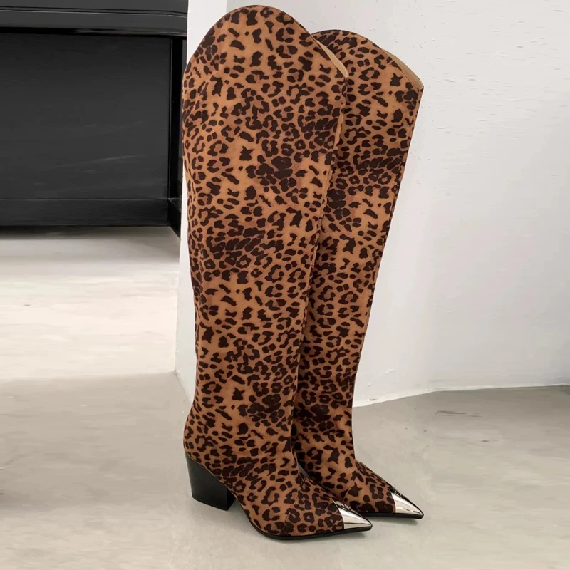 ZAROY Punk Metal Pointed Toe Knee High Boots Women Winter Retro Leopard Print Square Low Heels Pleated Western Cowboy Long Botas image 4